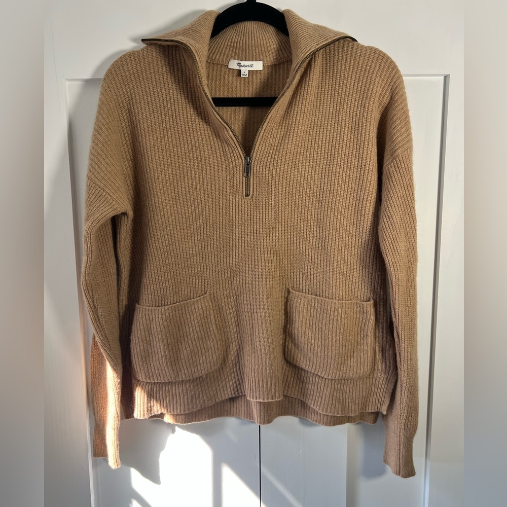 Madewell Merino Wool Half Zip Sweater Camel Neutral Pockets Size S